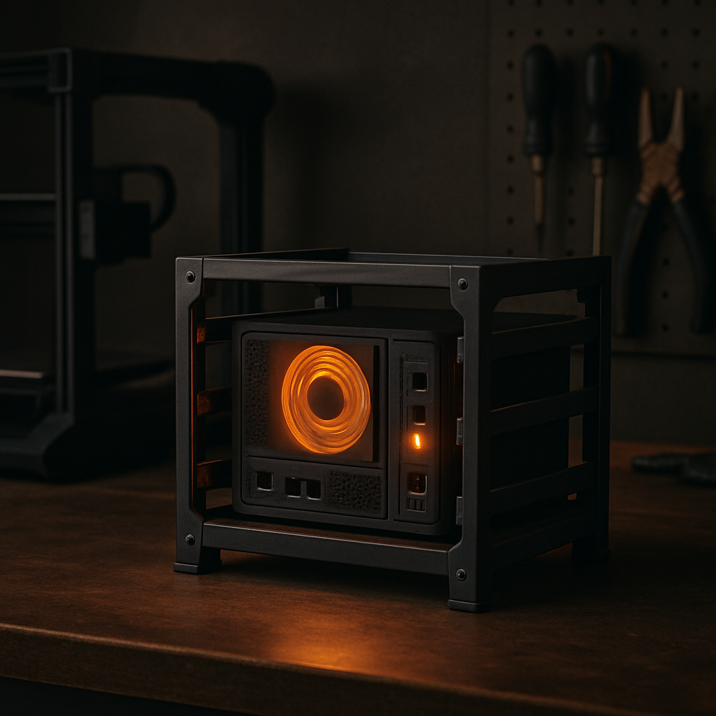 Rendered scene: a black 3D-printed mini rack on a maker workbench at night, a compact server module glowing warm amber inside it, hand tools on a pegboard behind