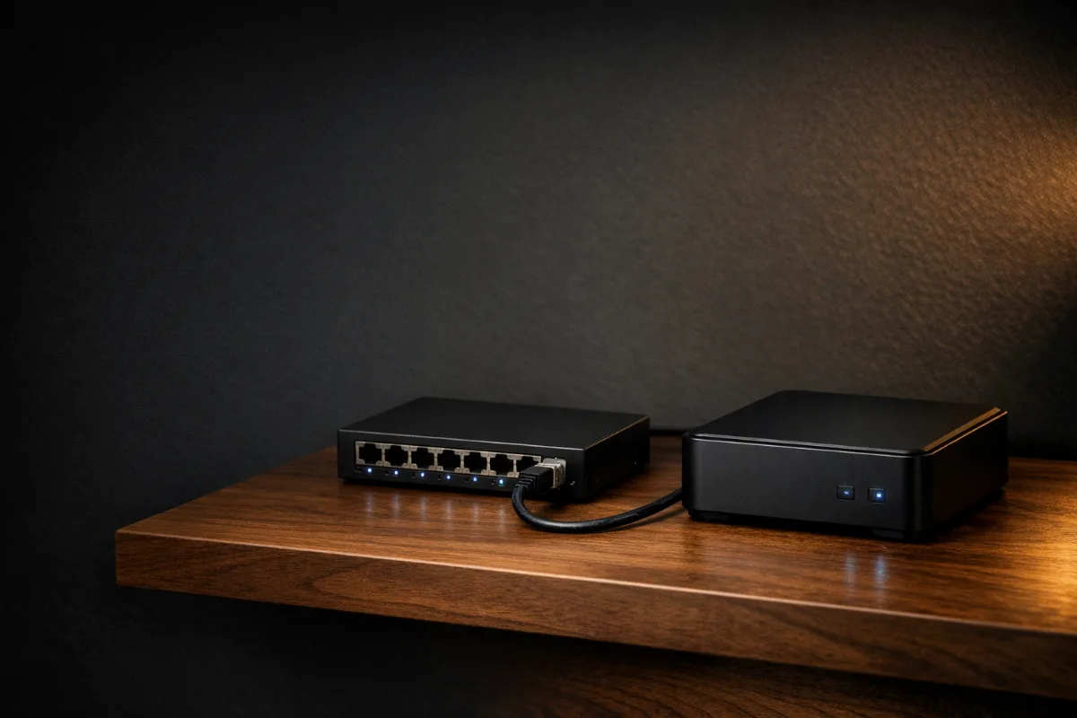 Illustration of a small starter setup on a wooden shelf: a mini PC connected to a small network switch with one Ethernet cable
