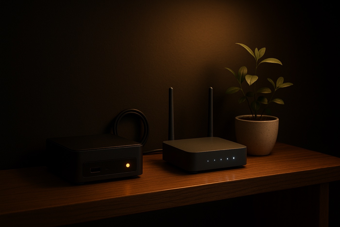 A quiet shelf at home at night: a mini PC with a single amber LED beside a small router, tidy cables and a plant