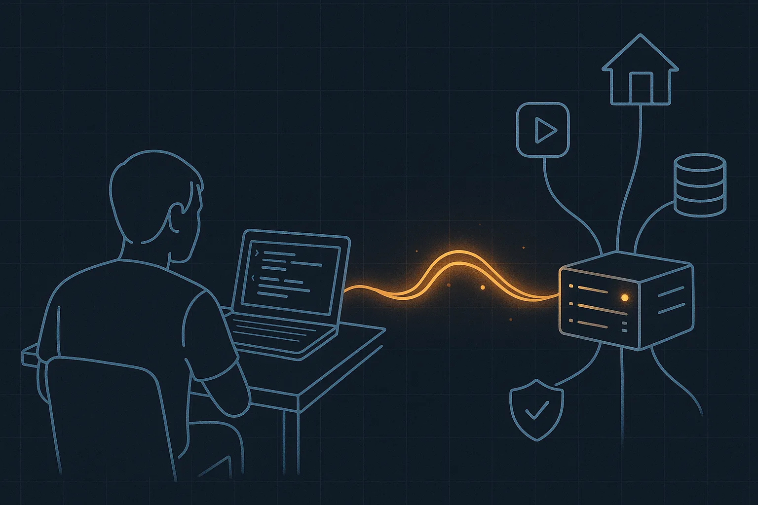 Blueprint-style illustration: a builder at a laptop running a coding agent, an amber line carrying the work across to a small home server whose lights come on, wired to a house, media, a security shield and storage