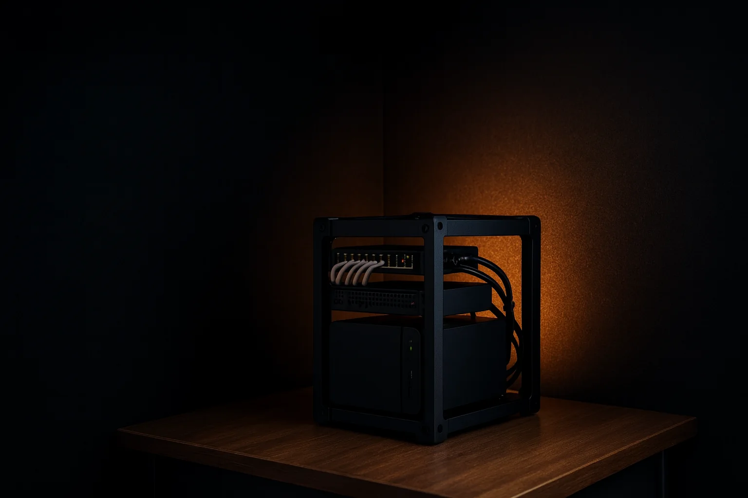 Concept illustration, not a customer photo: a compact black 10-inch metal mini rack on a wooden desk with a small switch, tidy patch cables, a slim server and a NAS inside the open frame