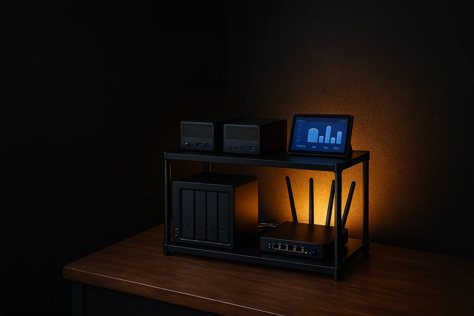 Concept illustration, not a customer photo: an organized shelf-based homelab with two mini PCs and a small status display on the top shelf, a four-bay NAS and a router below