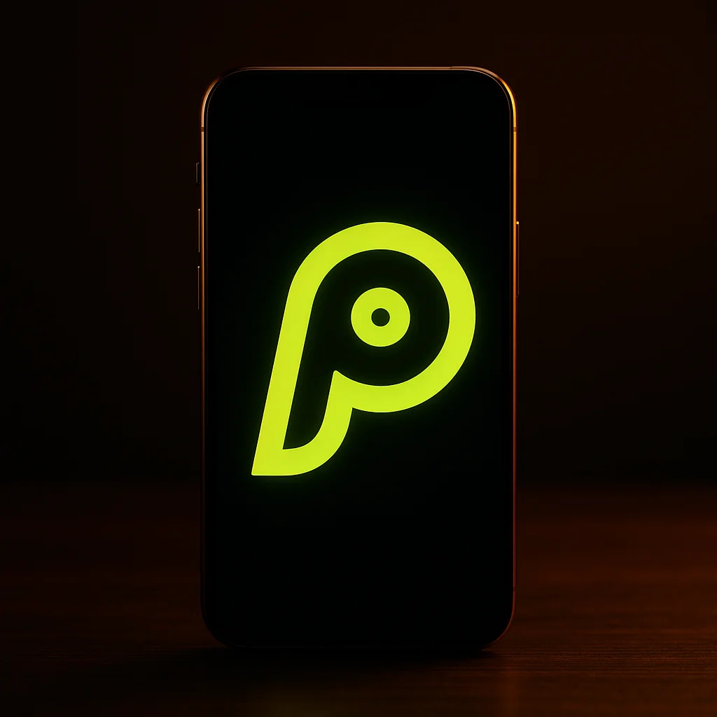 The Pumpy app open on a phone standing on a dark desk, its lime-green logo glowing on the screen