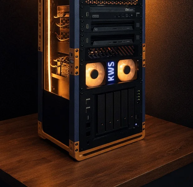 Close view of Ilan's KWS Rack: the glowing KWS fan panel, drive sleds and NAS, with the open side lit warm from inside