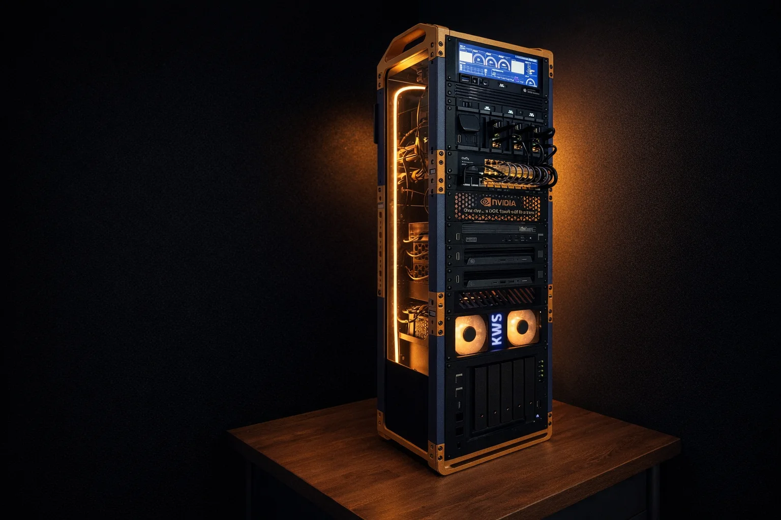 Ilan's real KWS Rack on a wooden desk in a dark room: amber rails and carry handles around a stack of screen module, patch panels, drive sleds, the glowing KWS fan panel and a NAS, the open side lit warm from inside